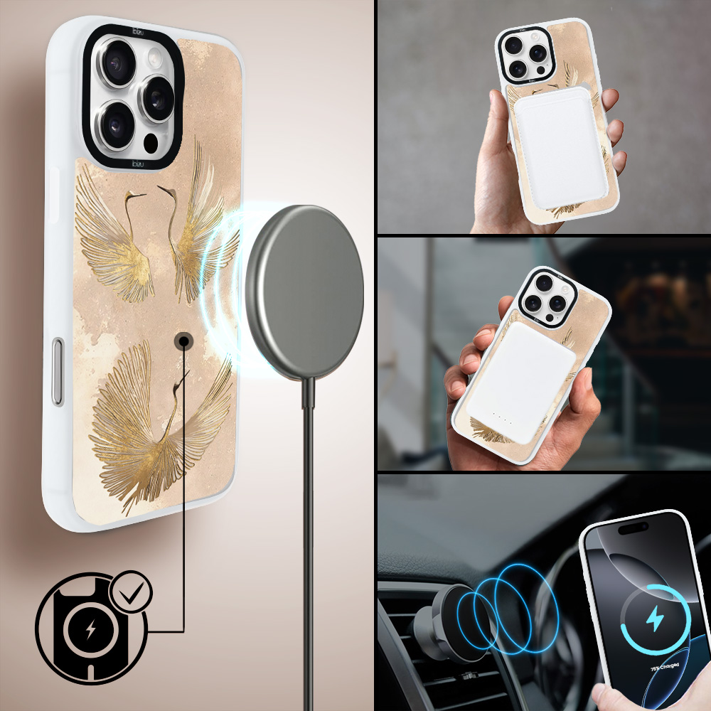 Etui do iPhone 16 Pro Max IBIZU DropGuard Matt z MagSafe, Boho, Złote żurawie