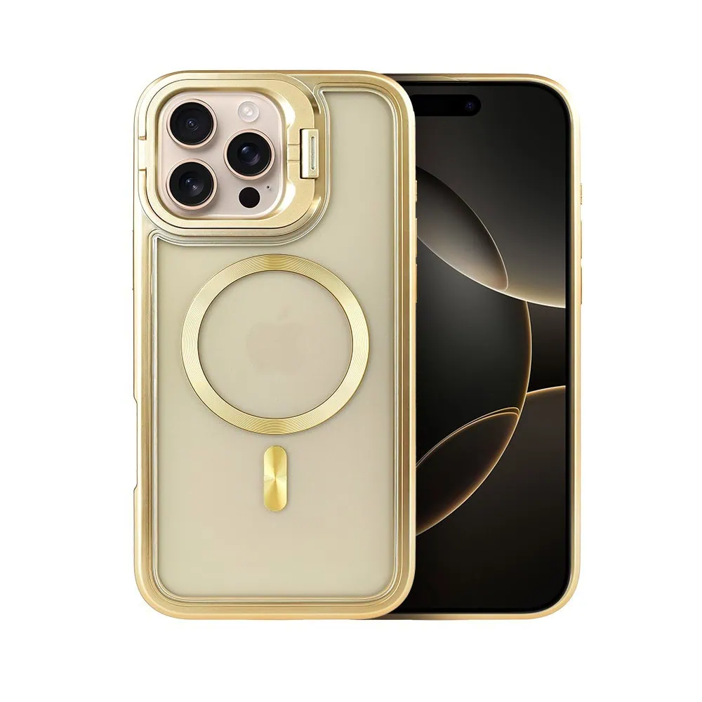 Etui do iPhone 16 Pro solidne, pogrubione boki, wbudowana podstawka, twardy tył z MagSafe, złote