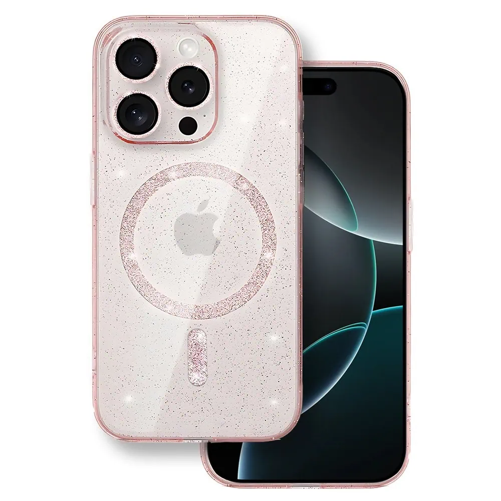 Etui do iPhone 16 Pro Max z Magsafe, przeźroczyste, błyszczący brokat, różowe