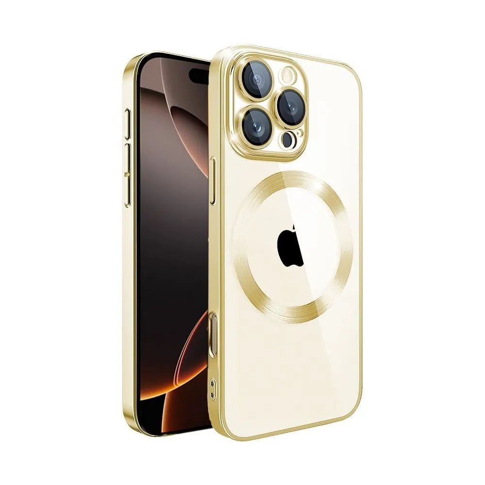 etui do iphone 16 pro slim protect full cover magsafe hard back, twardy tył, przeźroczyste, złote