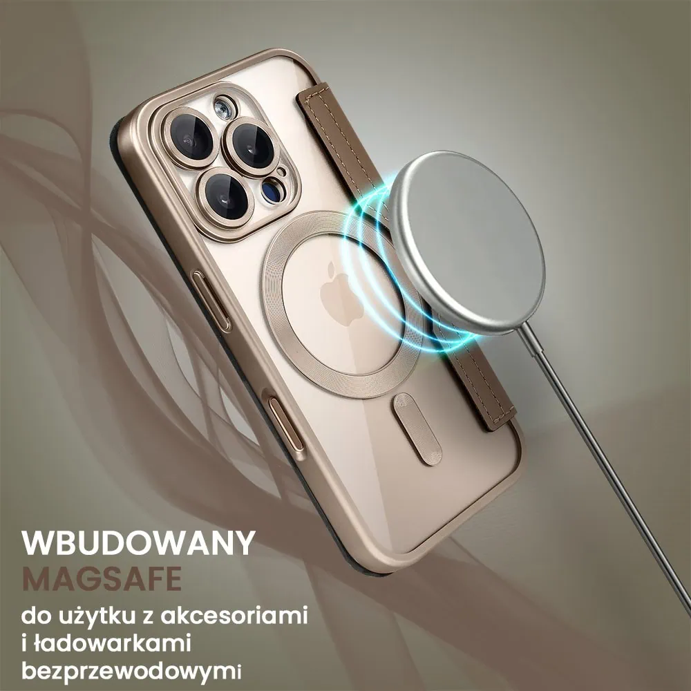 Etui do iPhone 16 Pro typu książka Book Magsafe Lens Protect, z klapką, pustynny brąz