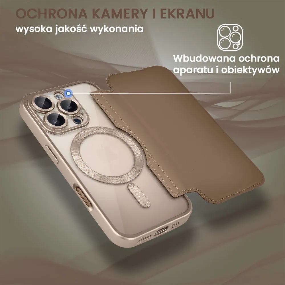Etui do iPhone 16 Pro typu książka Book Magsafe Lens Protect, z klapką, pustynny brąz