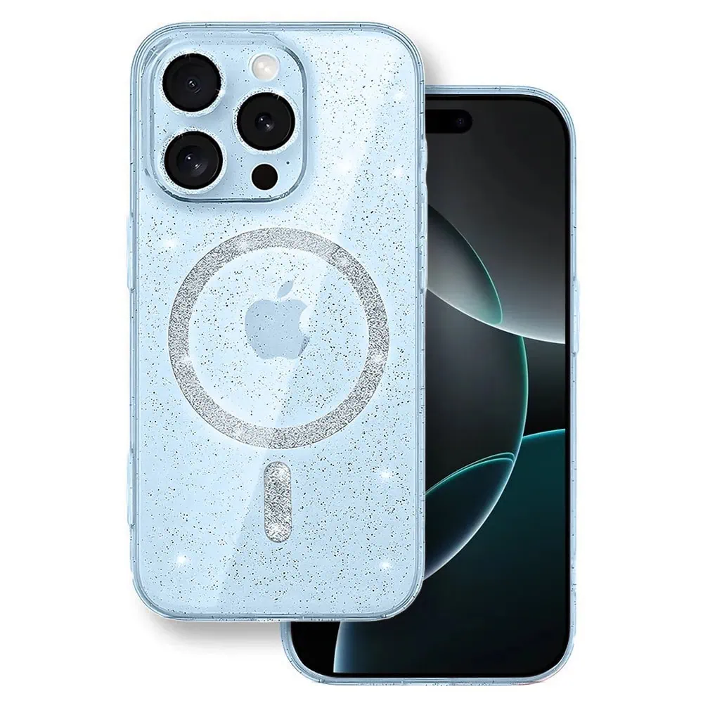 etui do iphone z magsafe, przeźroczyste, błyszczący brokat, niebieskie