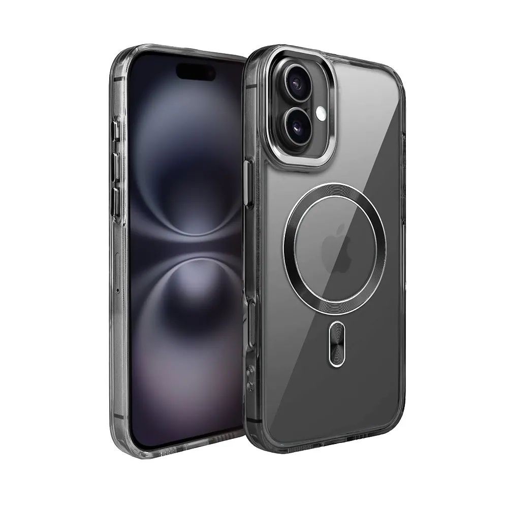 Etui do iPhone 16 Plus Super Hybrid z MagSafe, twardy tył, metalowe ozdoby, czarne