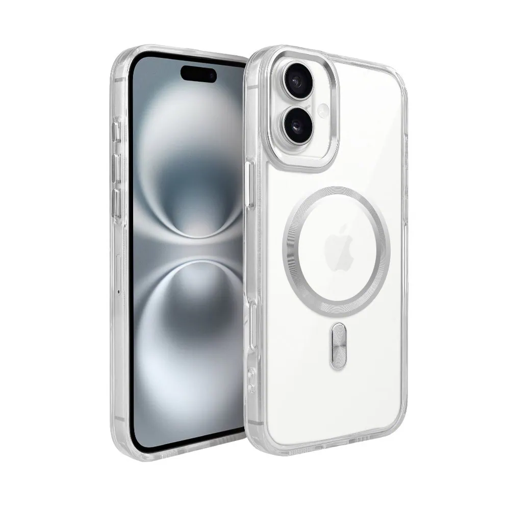 Etui do iPhone 16 Plus Super Hybrid z MagSafe, twardy tył, metalowe ozdoby, srebrne