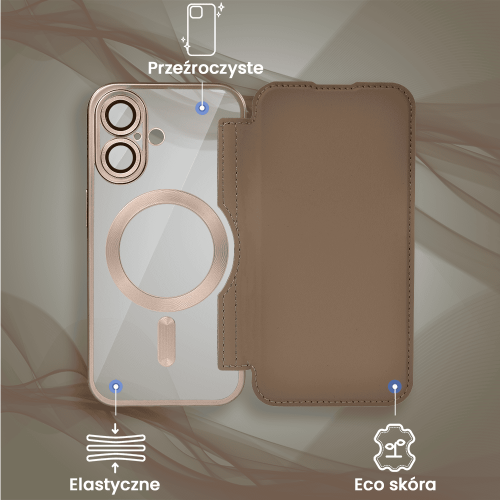 Etui do iPhone 16 Plus typu książka Book Magsafe Lens Protect, z klapką, pustynny brąz (OUTLET)