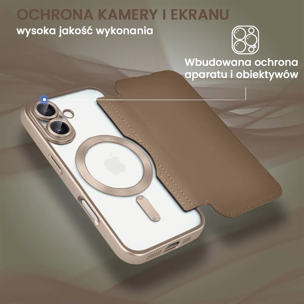 Etui do iPhone 16 Plus typu książka Book Magsafe Lens Protect, z klapką, pustynny brąz (OUTLET)