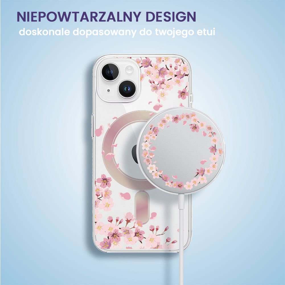 Etui na ładowarkę MagSafe antypoślizgowe transparentne z nadrukiem kwiat wiśni