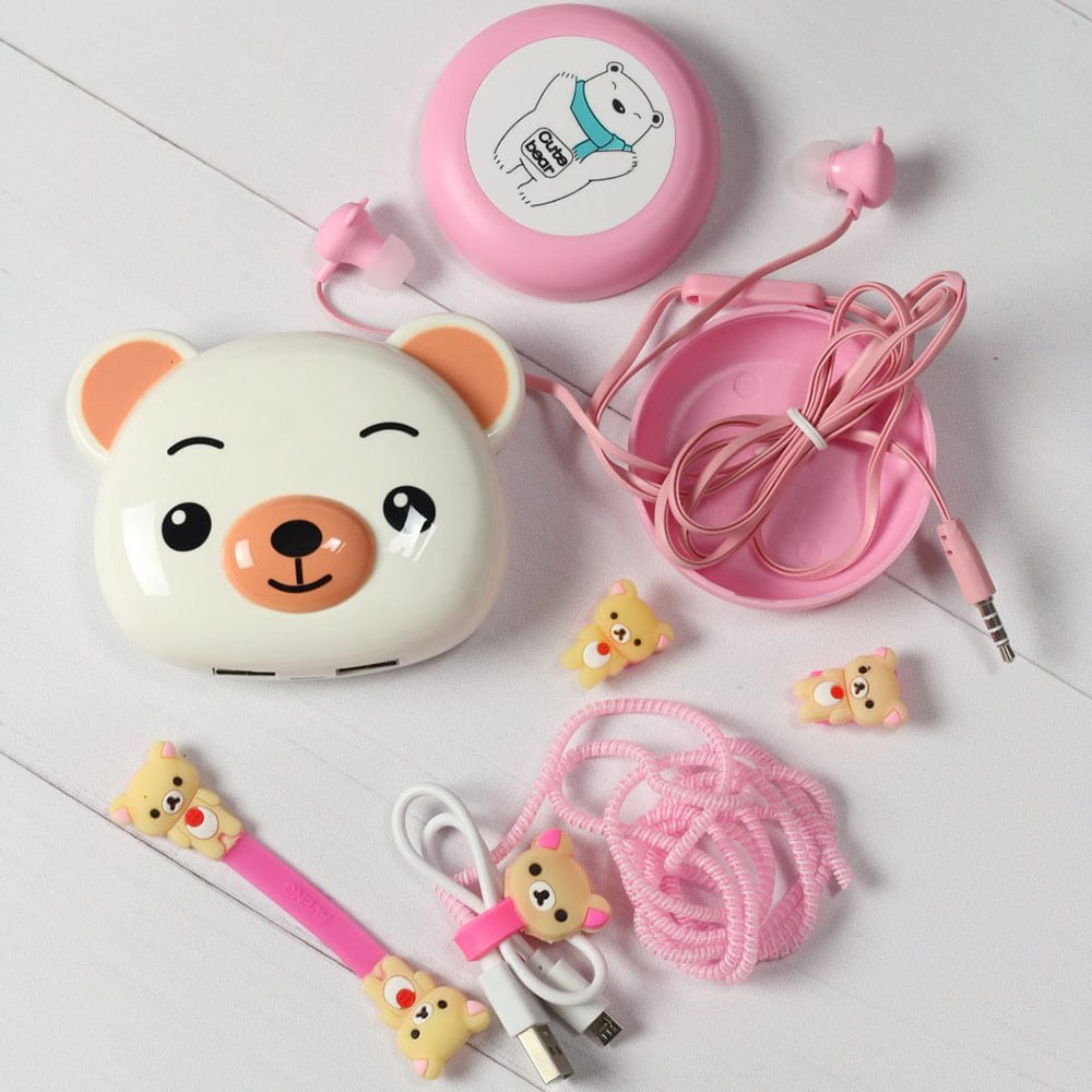 Słuchawki dokanałowe na prezent w kształcie misia + etui Miś Różowy