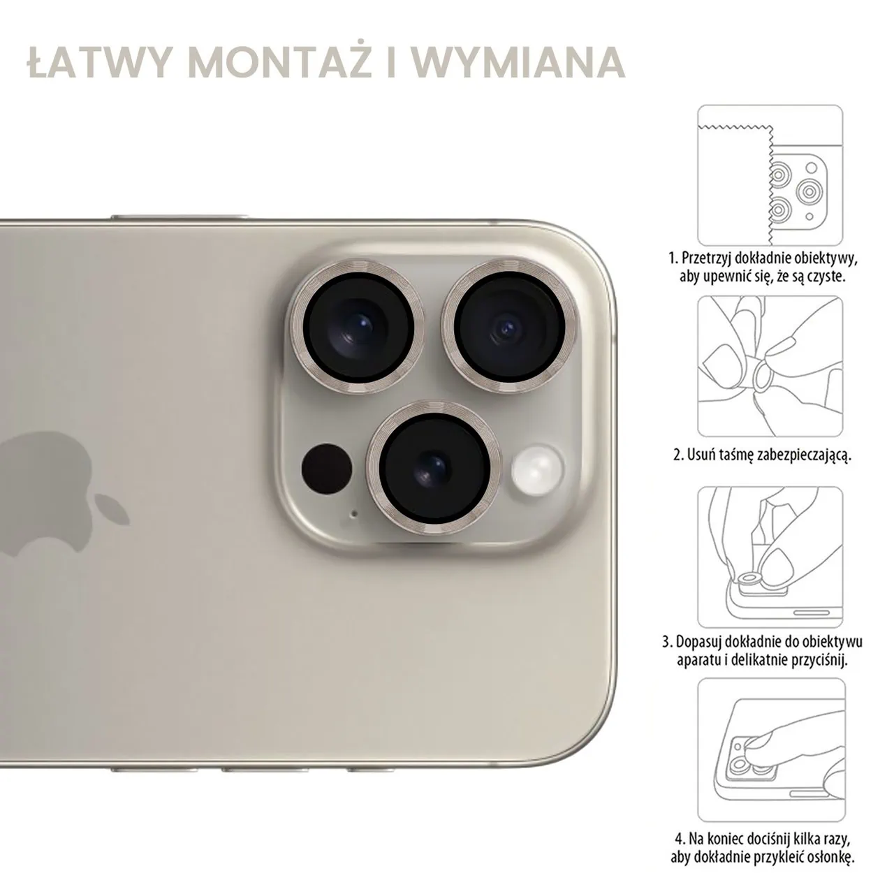 Metalowa osłona obiektywów szkło na aparat iPhone 15 Pro Max, tytanowe