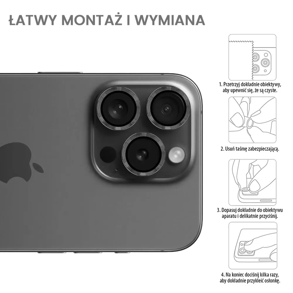 Metalowa osłona obiektywów szkło na aparat iPhone 16 Pro Max, głęboka czerń