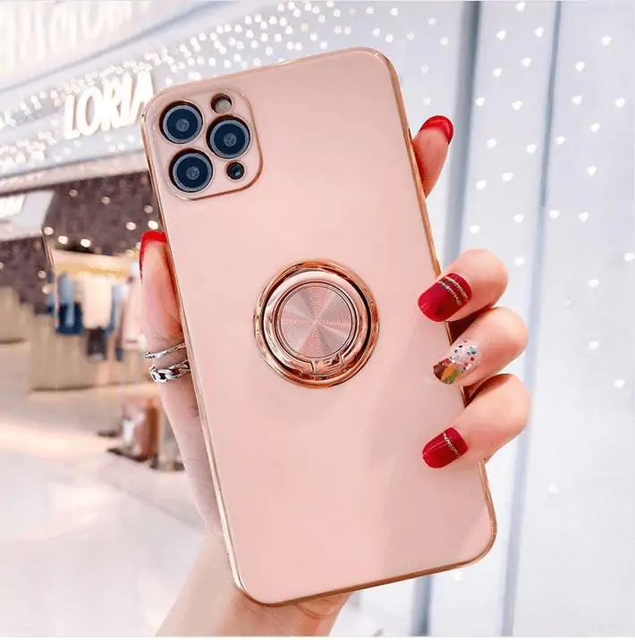 Etui do iPhone 12 eleganckie, ze złotym metalowym uchwytem i zdobieniami, z osłoną na aparat, złoty róż (OUTLET)