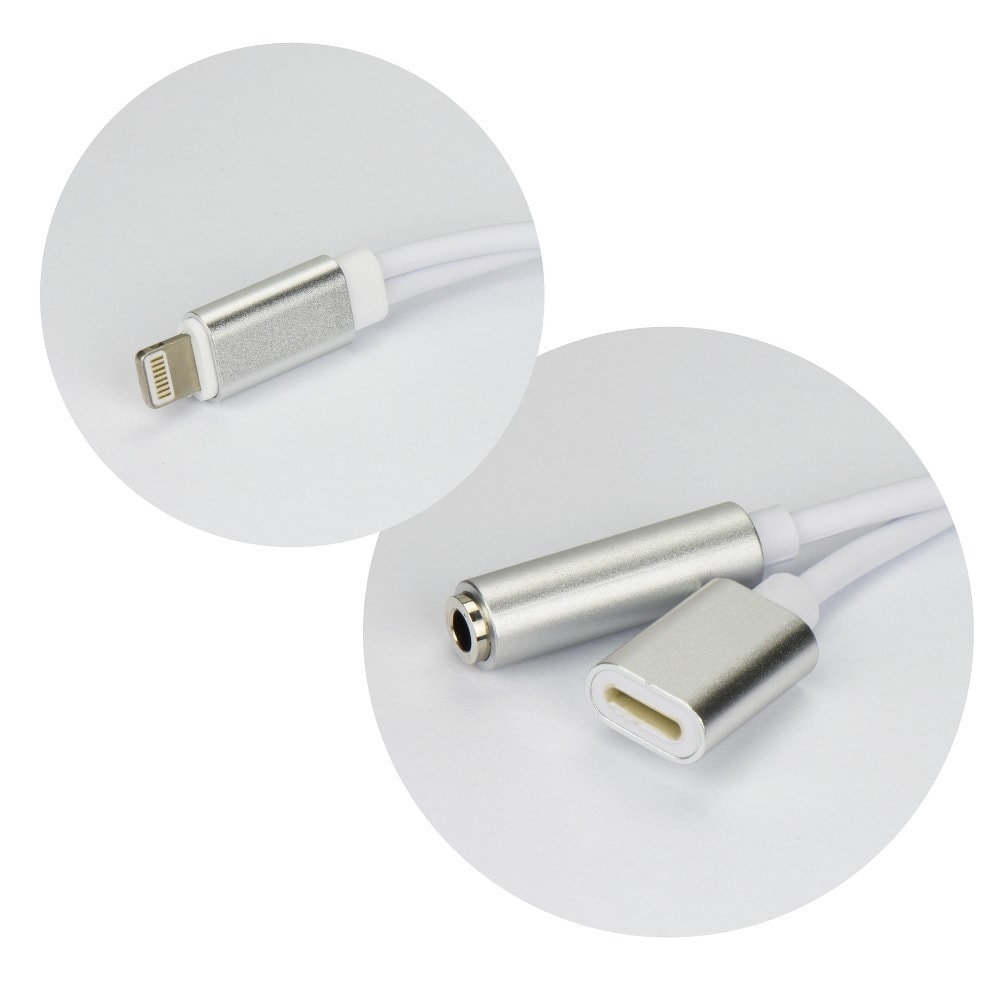 Adapter Przejściówka Lightning 8-pin Jack iPhone audio/HF + ładowanie, srebrny