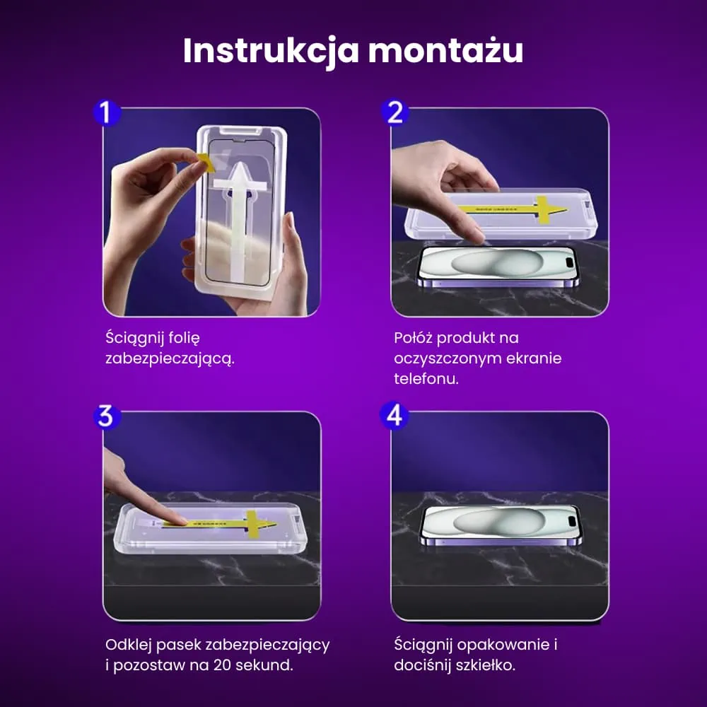 Szkło hartowane na ekran 9H do iPhone 15 z aplikatorem