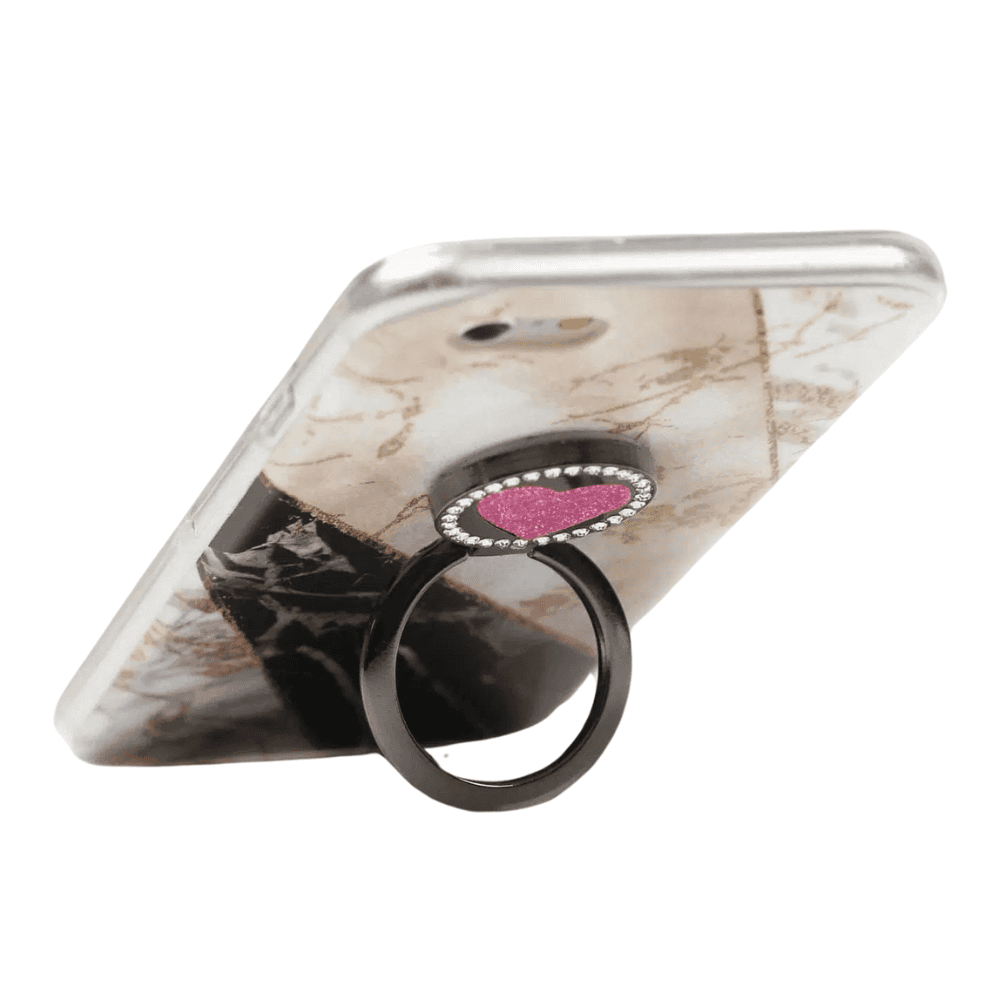 Uchwyt magnetyczny selfie ring podstawka do telefonu 2in1 srebrny z różowym sercem