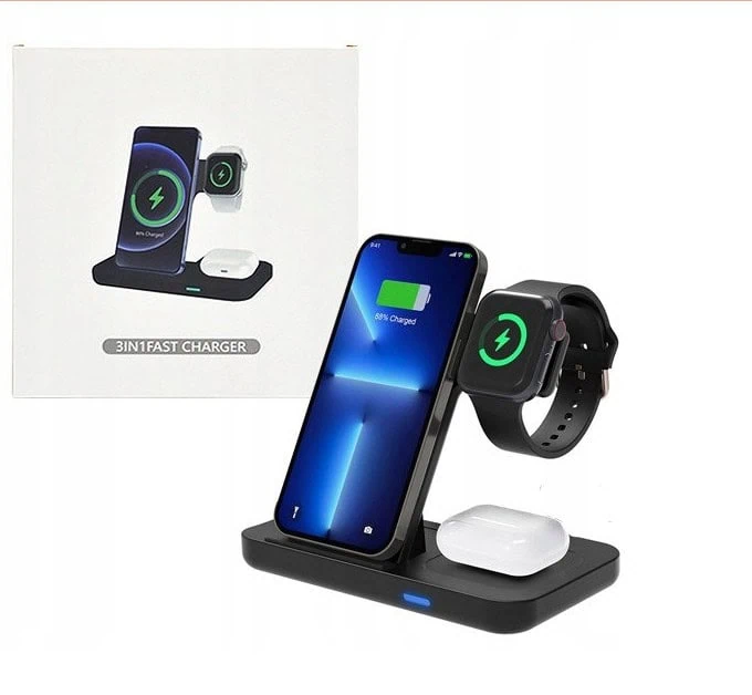 Ładowarka 3w1 iPhone / Apple Watch / Airpods szybka 15W, przenośna czarna