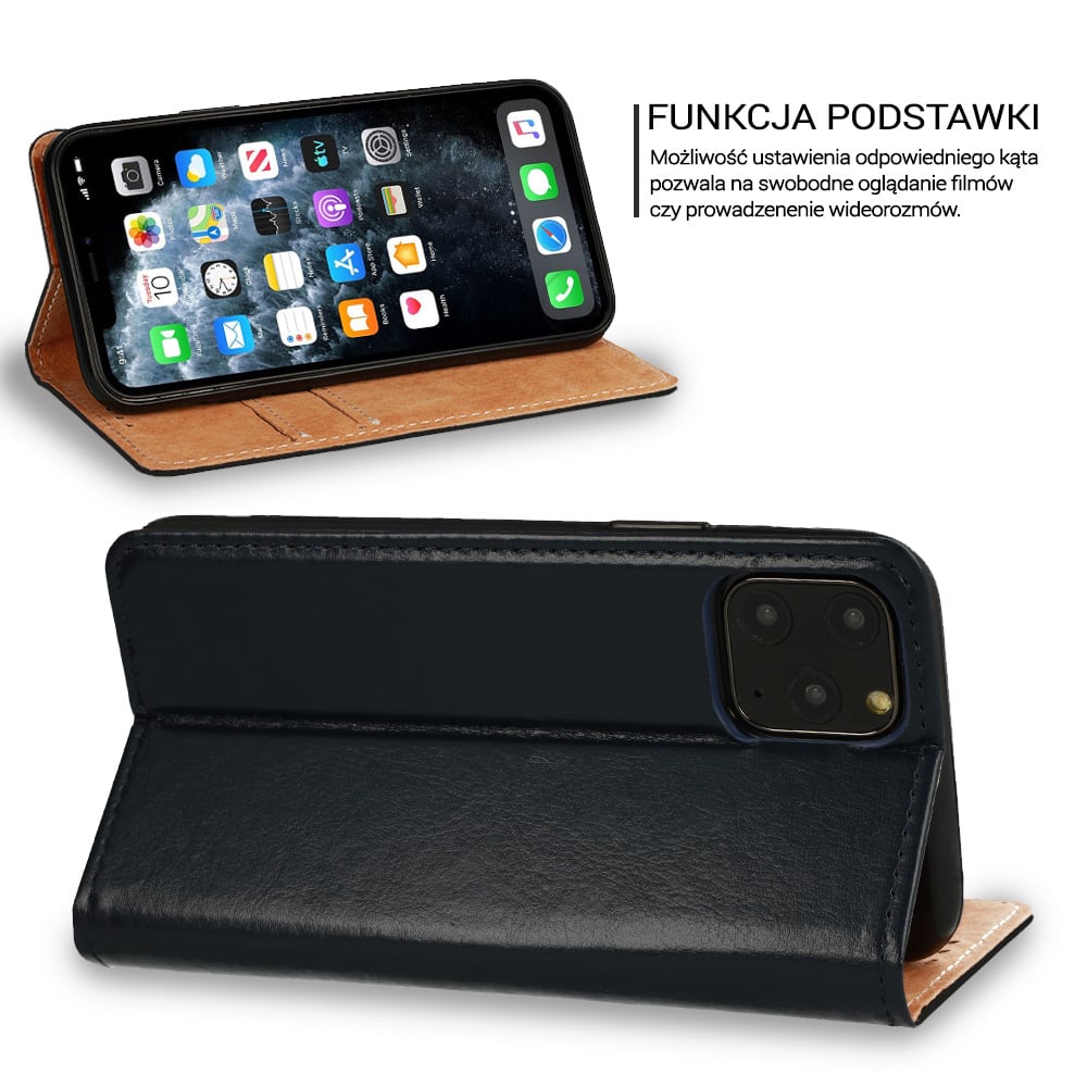 Etui do iPhone 12 Mini eleganckie skórzane, granatowe