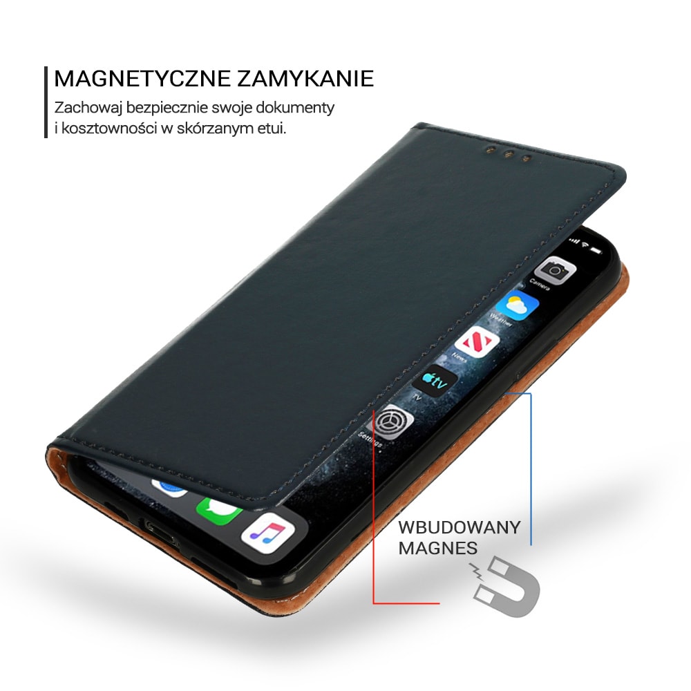 Etui do iPhone 12 Mini eleganckie skórzane, granatowe