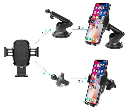 Uchwyt z ładowarką do samochodu 2 w 1 Czarny