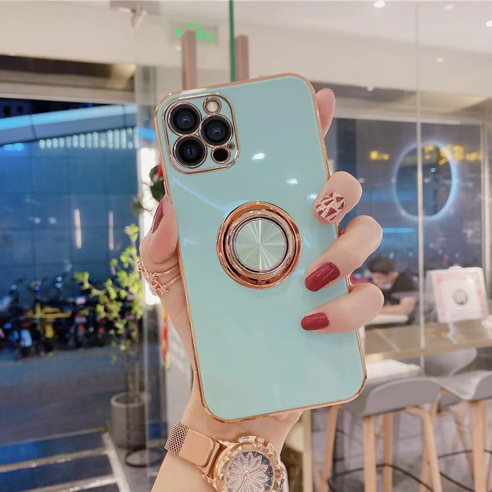 Etui do iPhone 13 Pro eleganckie, ze złotym, metalowym uchwytem i zdobieniami, lazurowo miętowe (OUTLET)