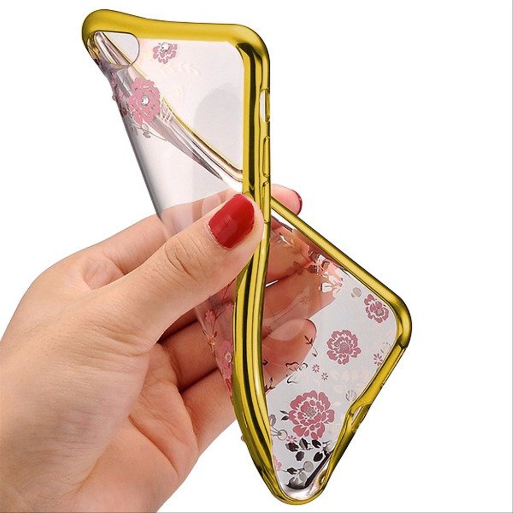 Etui do iPhone 12 Pro silikonowe transparentne błyszczące z kwiatami Diamond, złote
