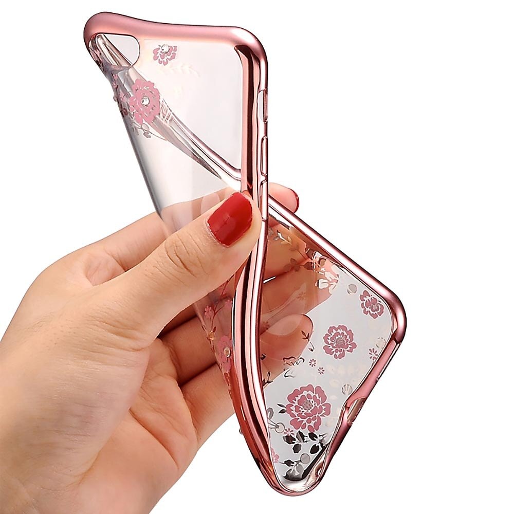 Etui do iPhone 12 Pro silikonowe transparentne błyszczące z kwiatami Diamond, złoty róż