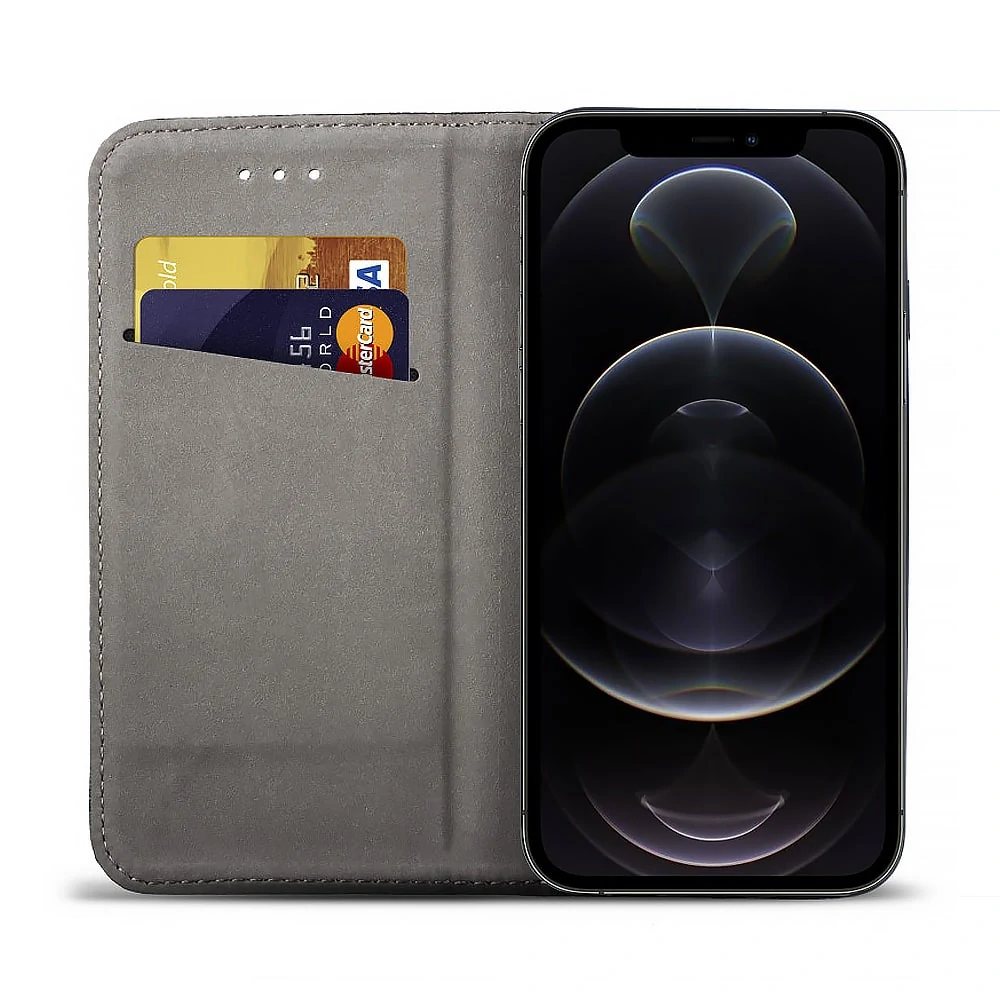 Etui do iPhone 12 książkowe na magnes z trwałego niebrudzącego się materiału, granatowe