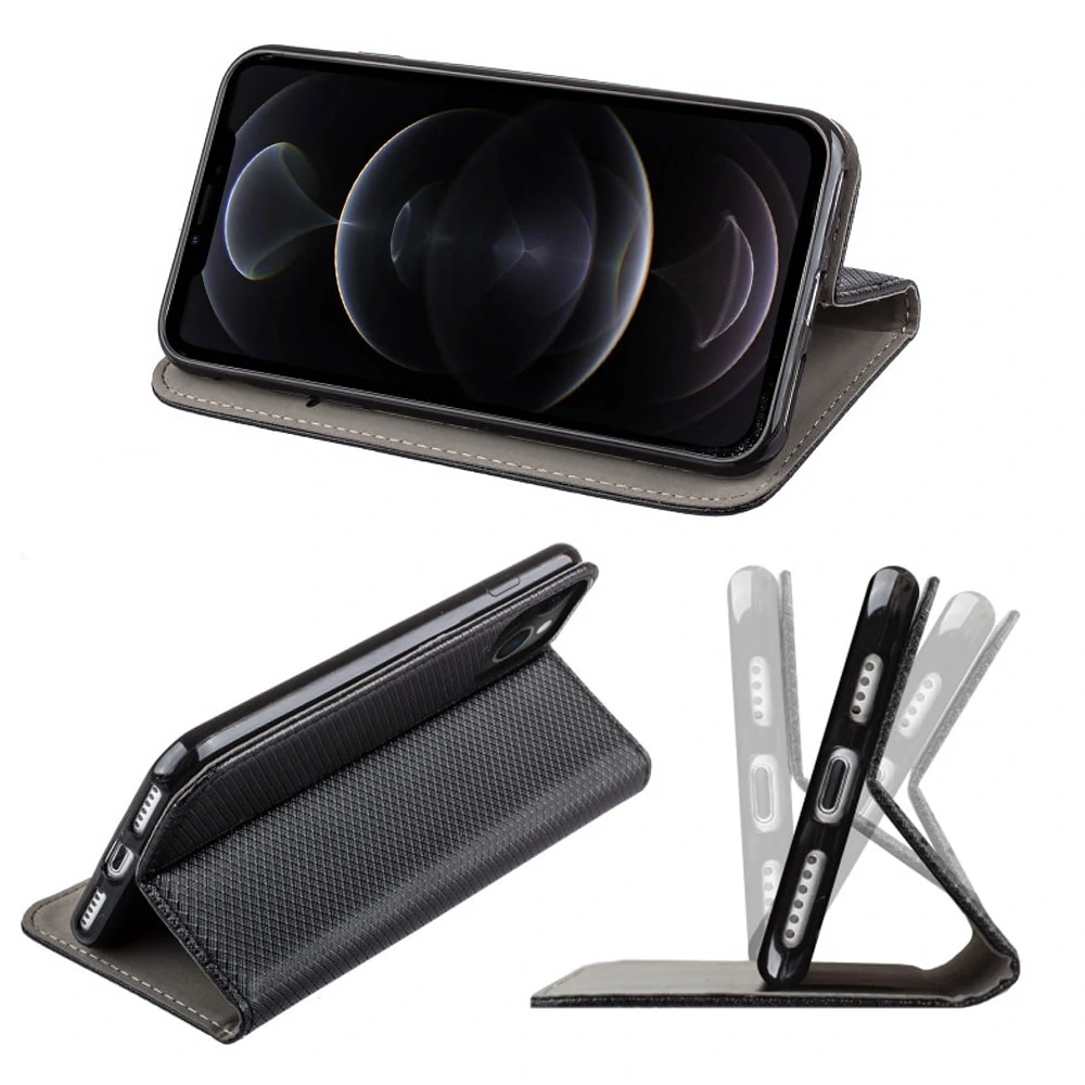 Etui do iPhone 12 książkowe na magnes z trwałego niebrudzącego się materiału, czarne