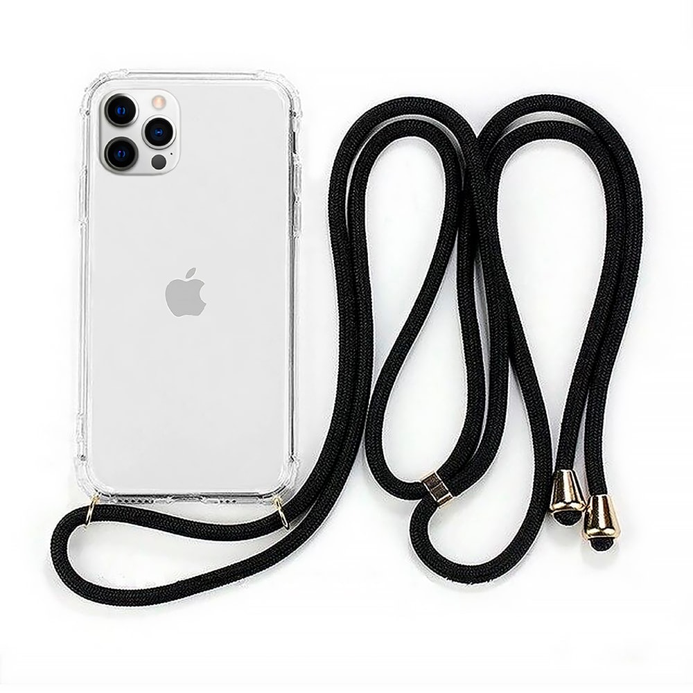 Etui do iPhone 12 Pro wzmacniane crossbody z czarną smyczą jak torebka, przeźroczyste