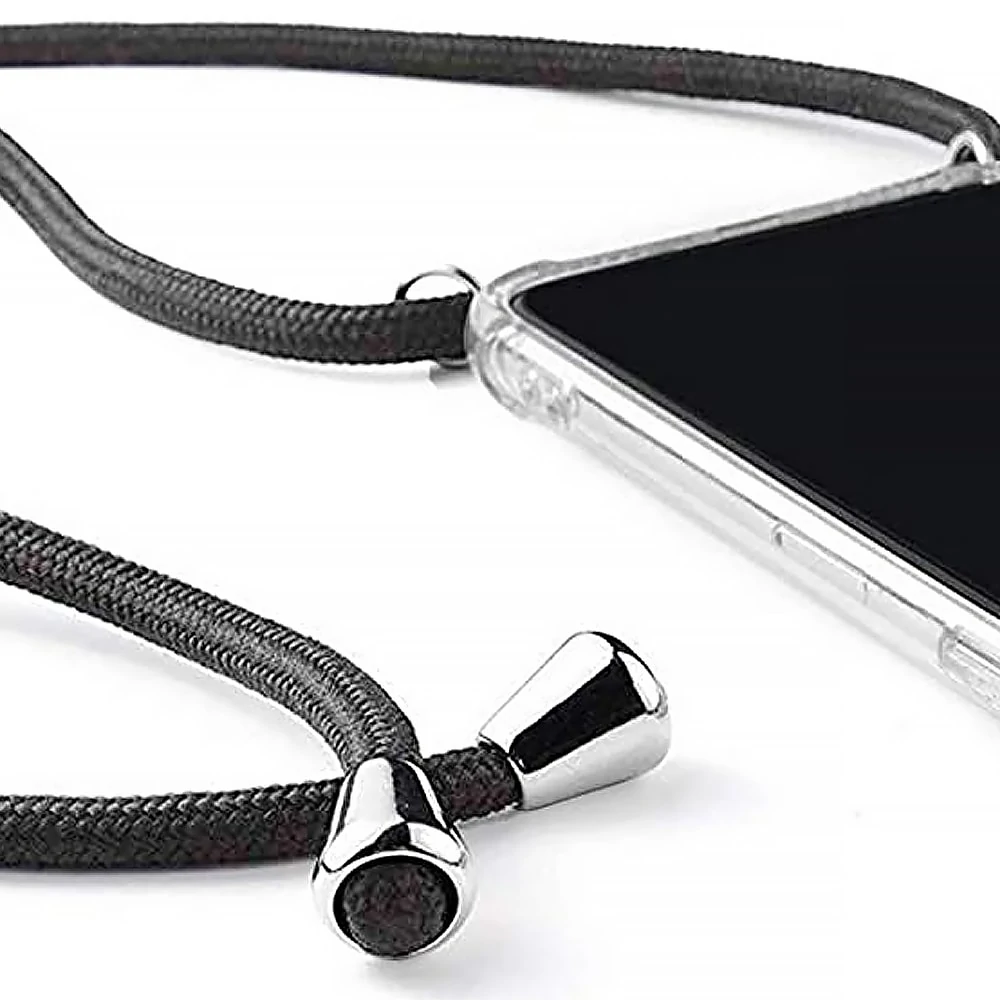 Etui do iPhone 12 wzmacniane crossbody z czarną smyczą jak torebka, przeźroczyste