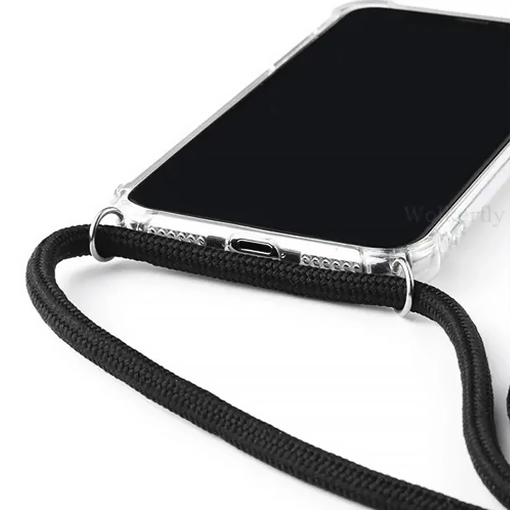 Etui do iPhone 12 wzmacniane crossbody z czarną smyczą jak torebka, przeźroczyste
