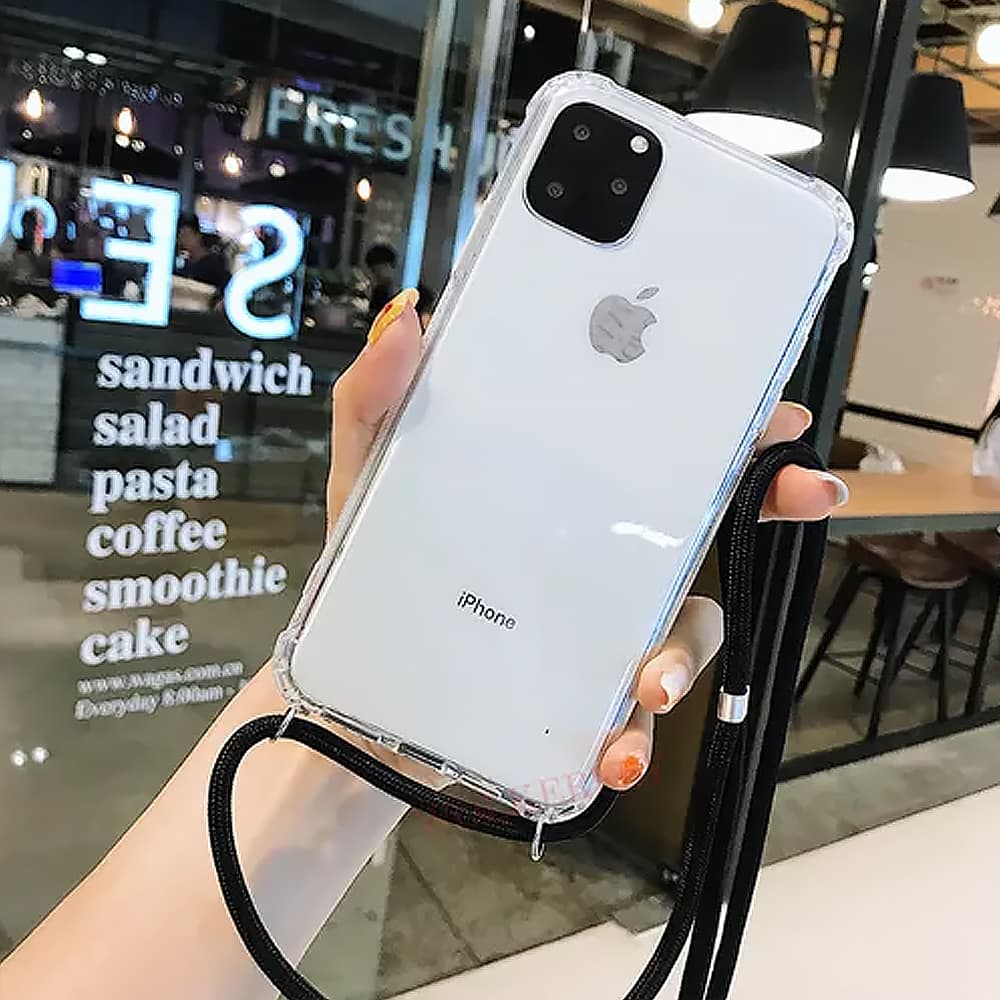 Etui do iPhone 12 Pro wzmacniane crossbody z czarną smyczą jak torebka, przeźroczyste