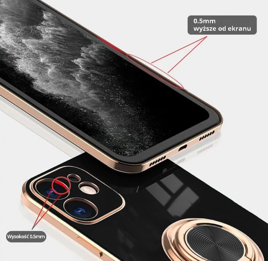 Etui do iPhone 12 eleganckie, ze złotym, metalowym uchwytem i zdobieniami, osłona na aparat, czarne