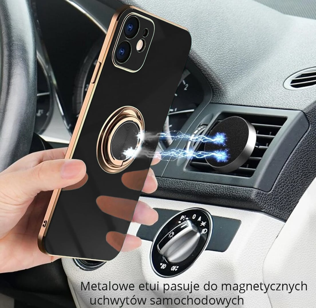 Etui do iPhone 12 eleganckie, ze złotym, metalowym uchwytem i zdobieniami, osłona na aparat, czarne