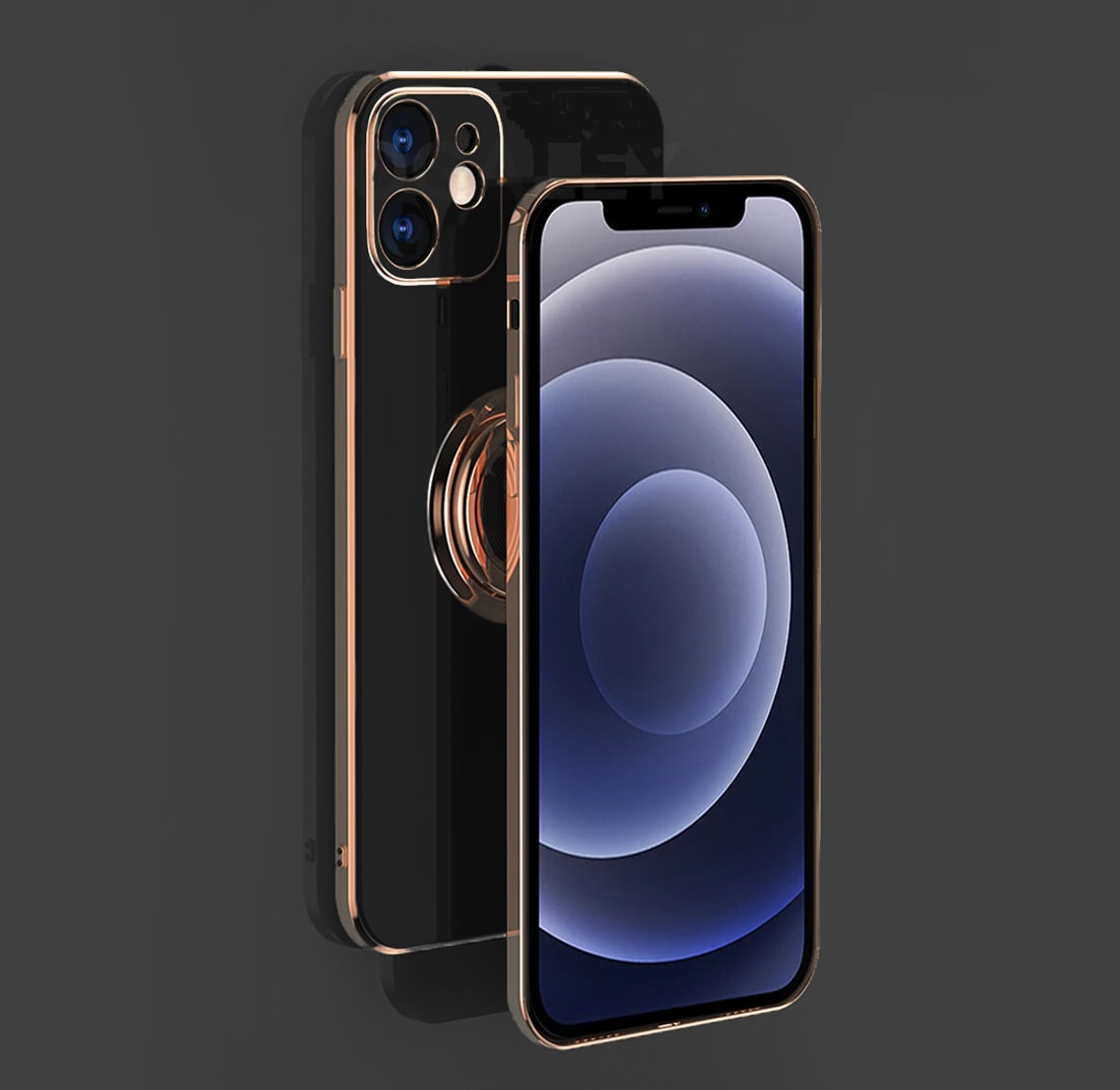 Etui do iPhone 12 eleganckie, ze złotym, metalowym uchwytem i zdobieniami, osłona na aparat, czarne