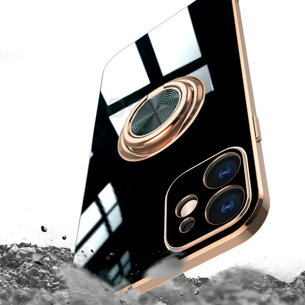 Etui do iPhone 12 eleganckie, ze złotym, metalowym uchwytem i zdobieniami, osłona na aparat, czarne