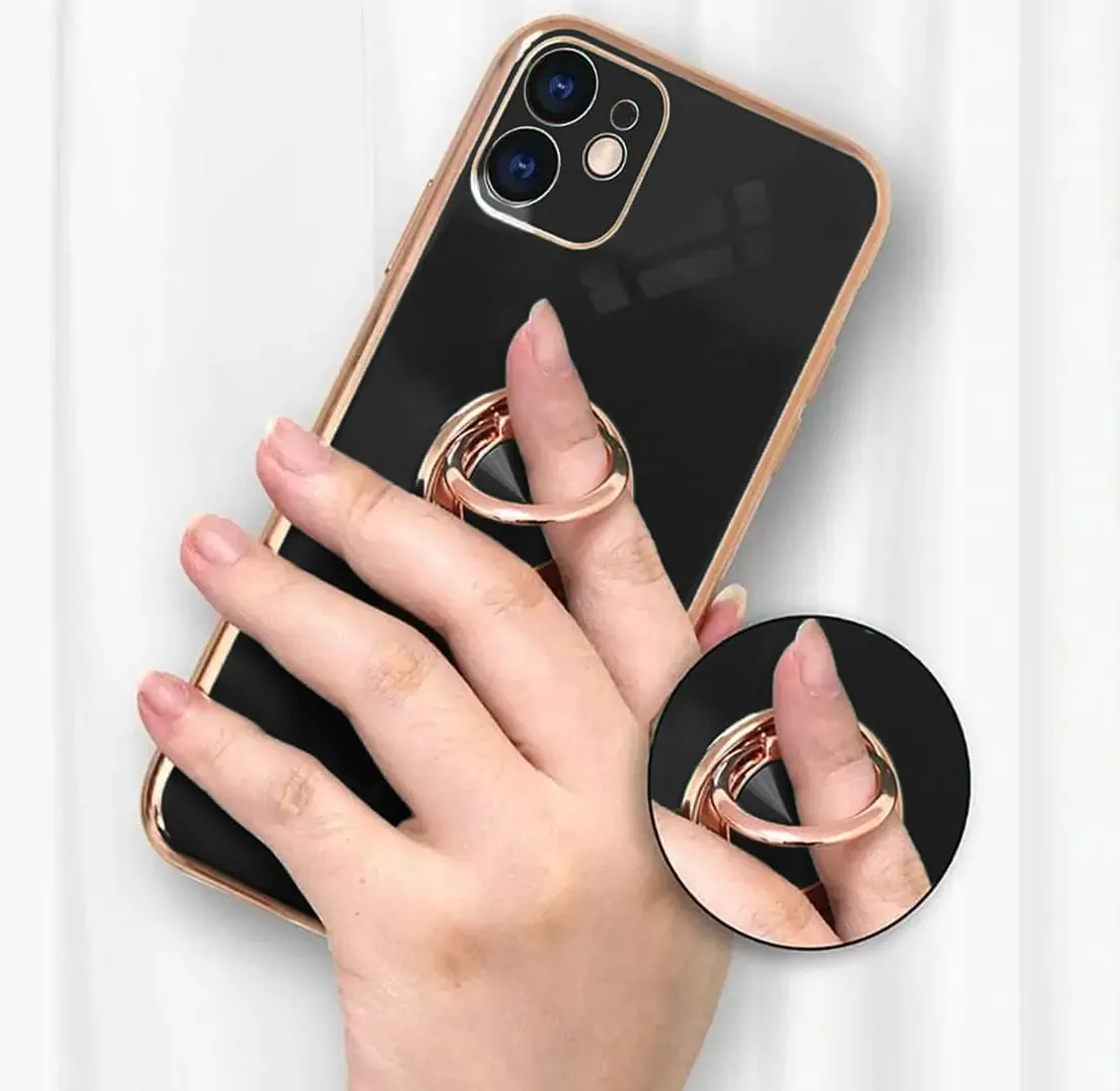 Etui do iPhone 12 eleganckie, ze złotym, metalowym uchwytem i zdobieniami, osłona na aparat, czarne