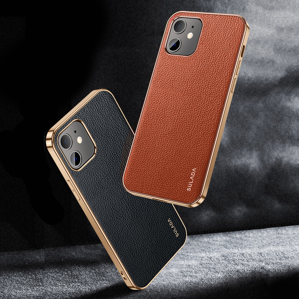 Etui do iPhone 12 Mini eleganckie luksusowe skórzane czarne ze złotem