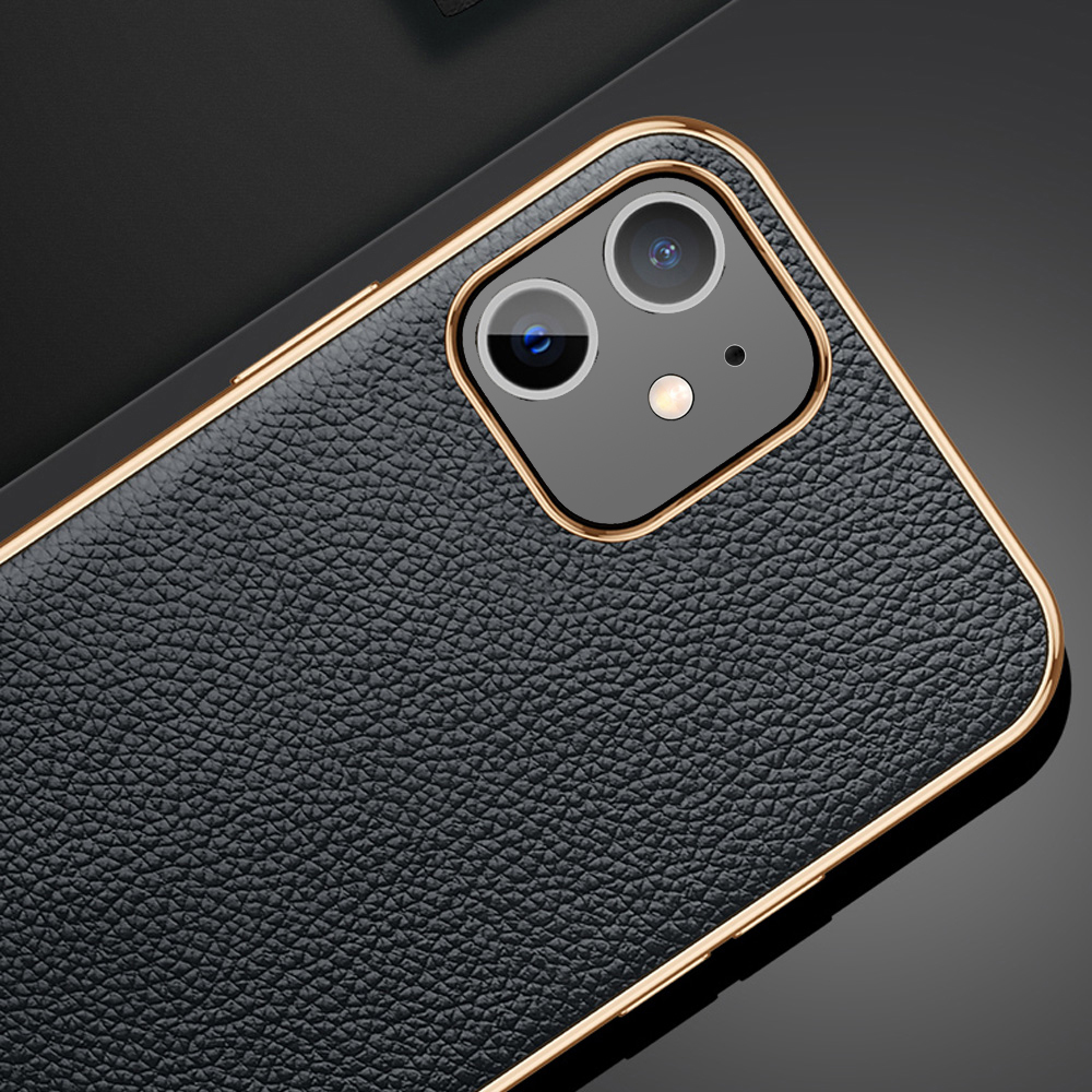 Etui do iPhone 12 Mini eleganckie luksusowe skórzane czarne ze złotem
