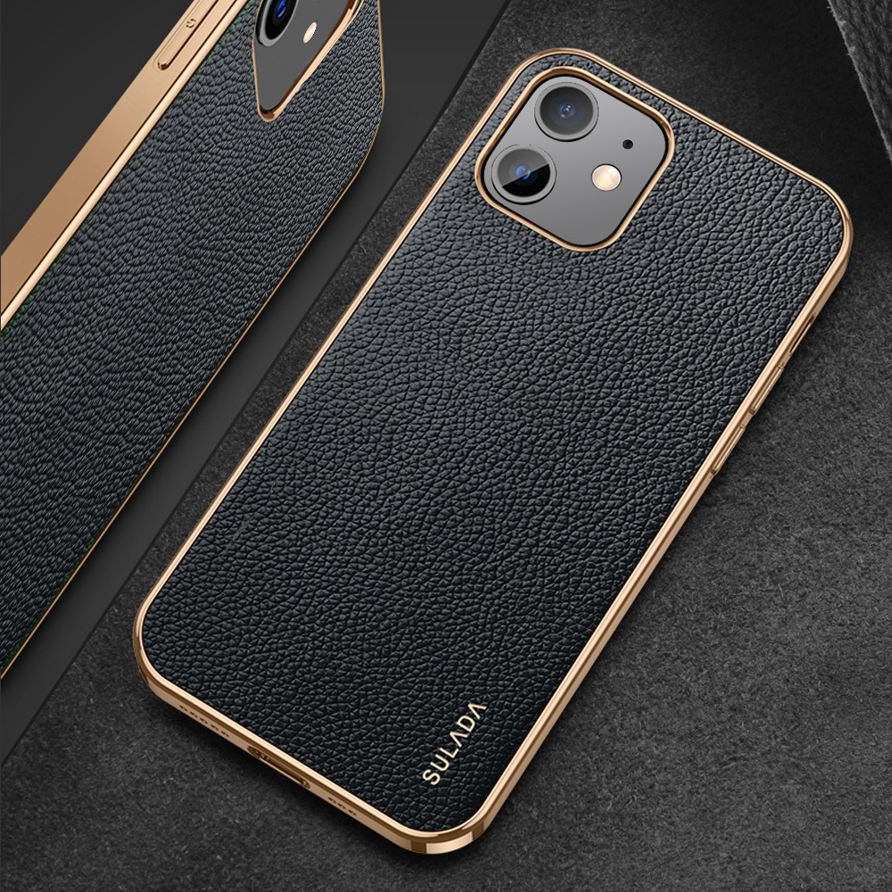 Etui do iPhone 12 Mini eleganckie luksusowe skórzane czarne ze złotem