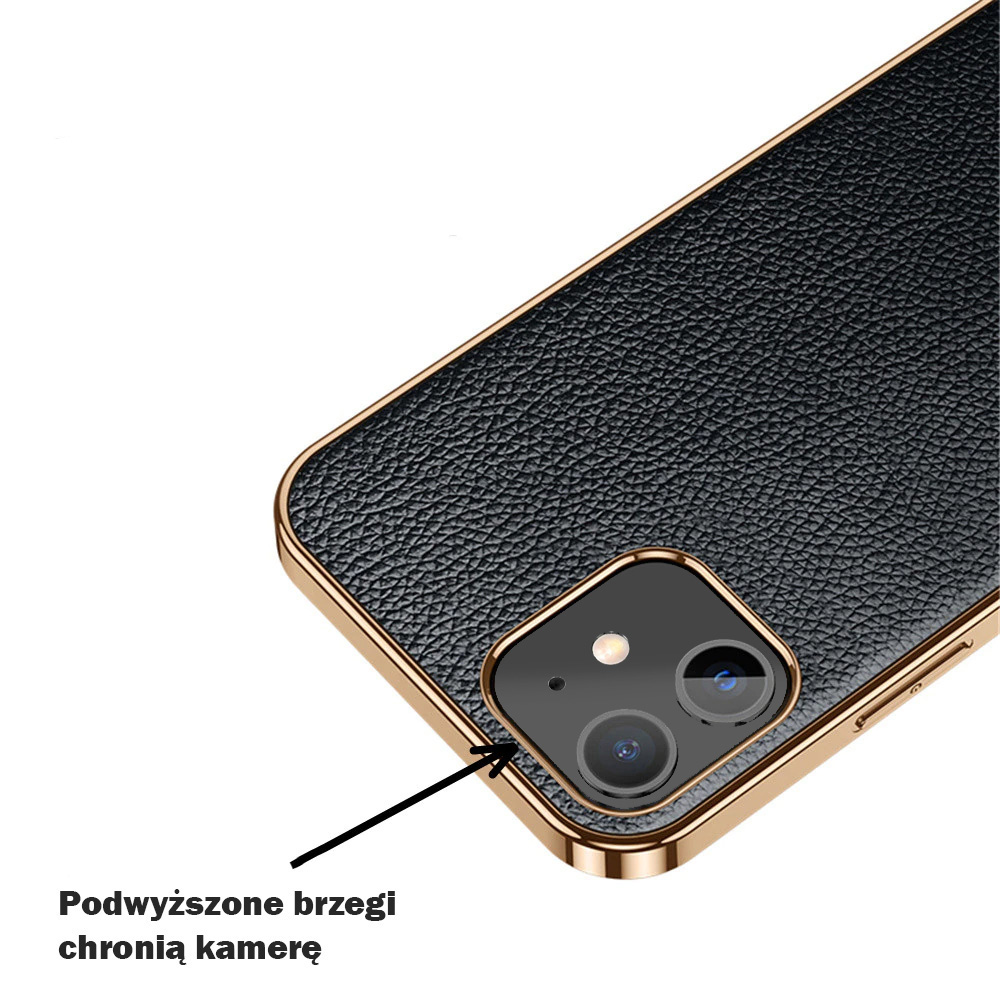 Etui do iPhone 12 Mini eleganckie luksusowe skórzane czarne ze złotem