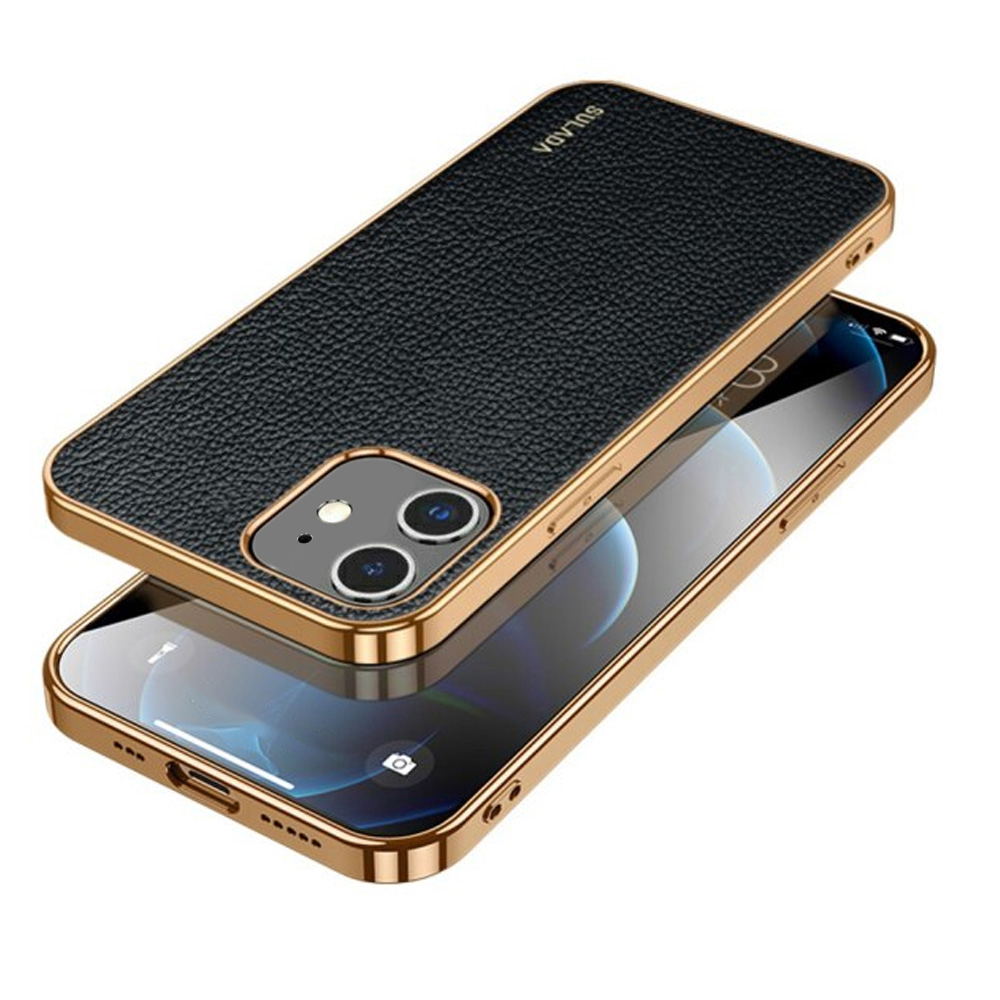 Etui do iPhone 12 Mini eleganckie luksusowe skórzane czarne ze złotem