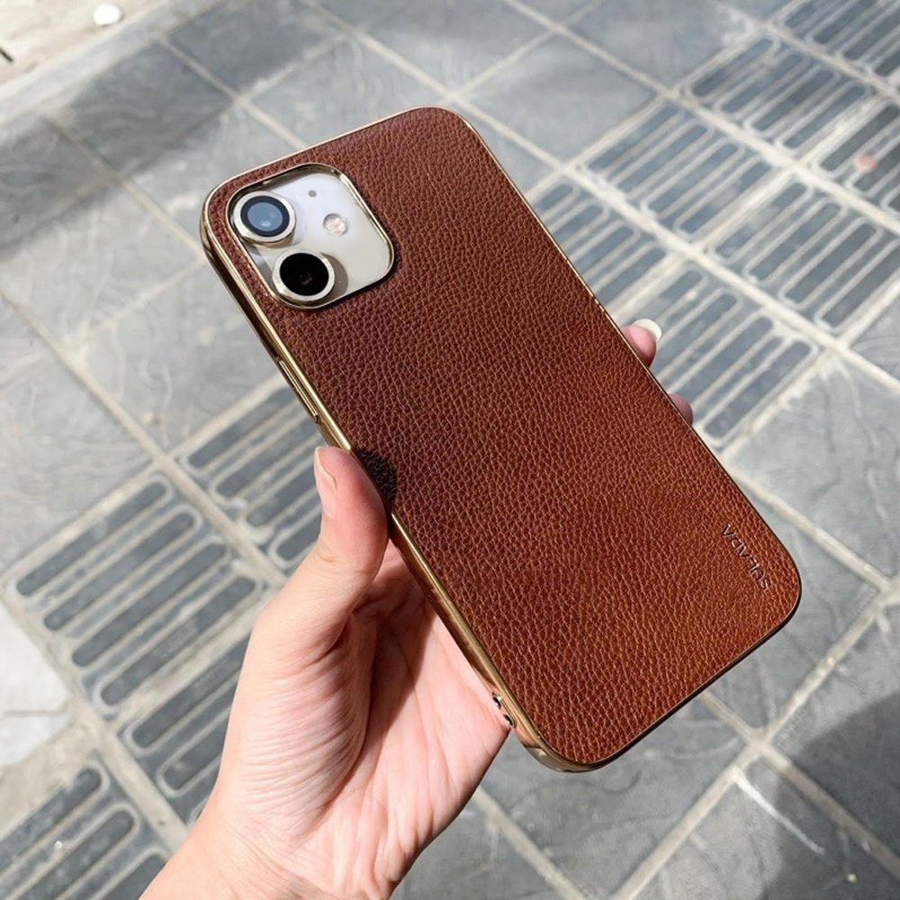 Etui do iPhone 12 eleganckie luksusowe skórzane brązowe ze złotem