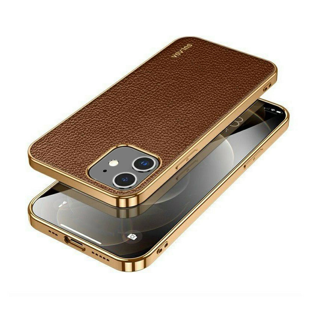 Etui do iPhone 12 eleganckie luksusowe skórzane brązowe ze złotem