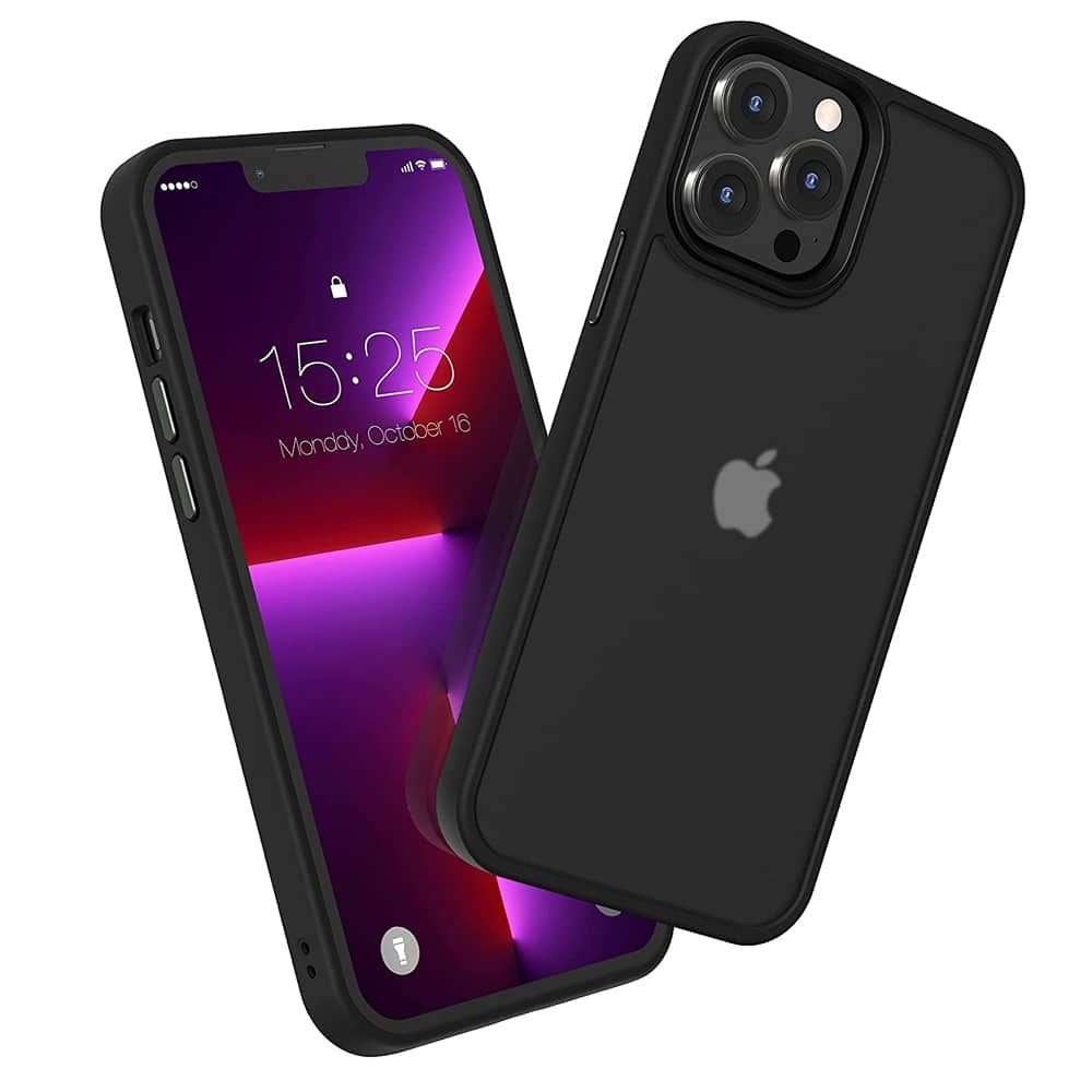 Etui do iPhone 13 Pro Stiff back, krystalicznie czysty tył, żelowa czarna ramka, pancerne