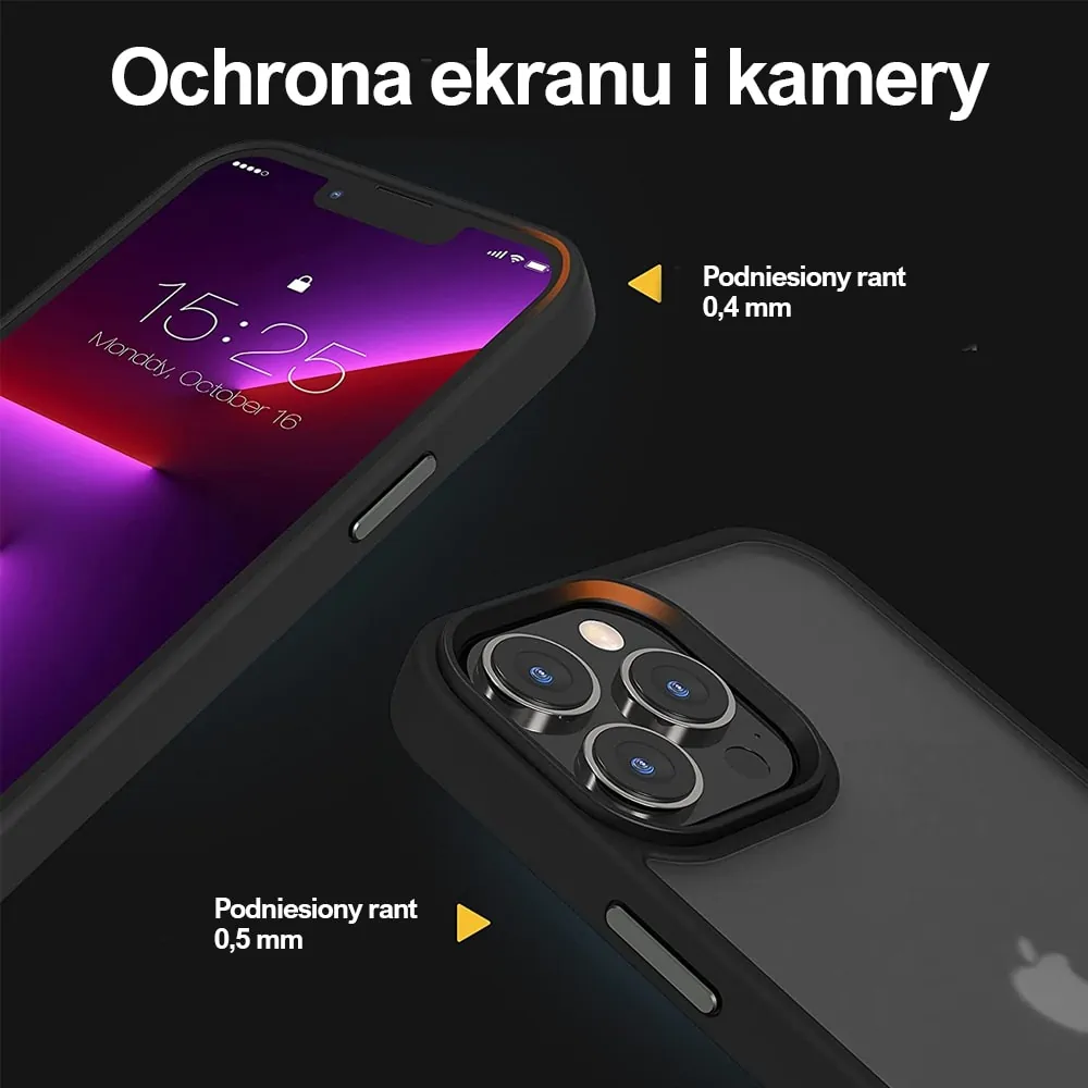 Etui do iPhone 13 Pro Stiff back, krystalicznie czysty tył, żelowa czarna ramka, pancerne