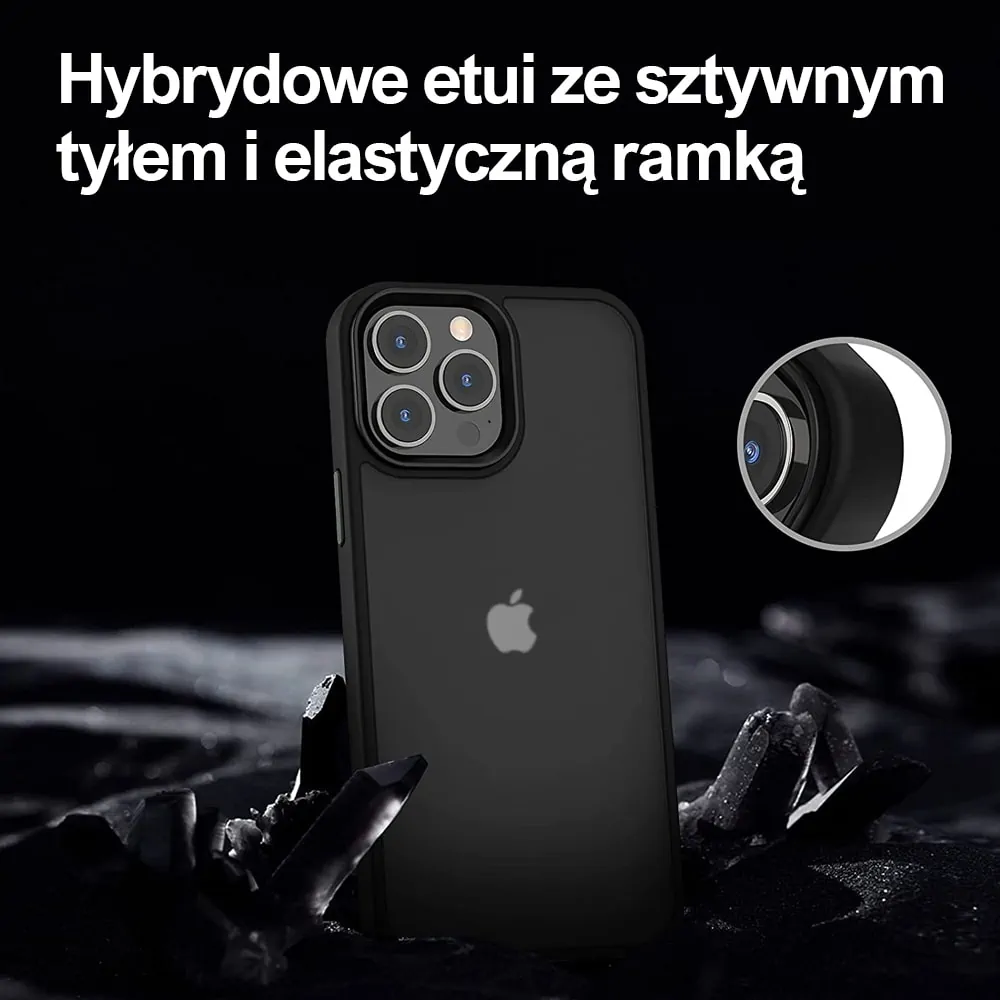 Etui do iPhone 13 Pro Stiff back, krystalicznie czysty tył, żelowa czarna ramka, pancerne