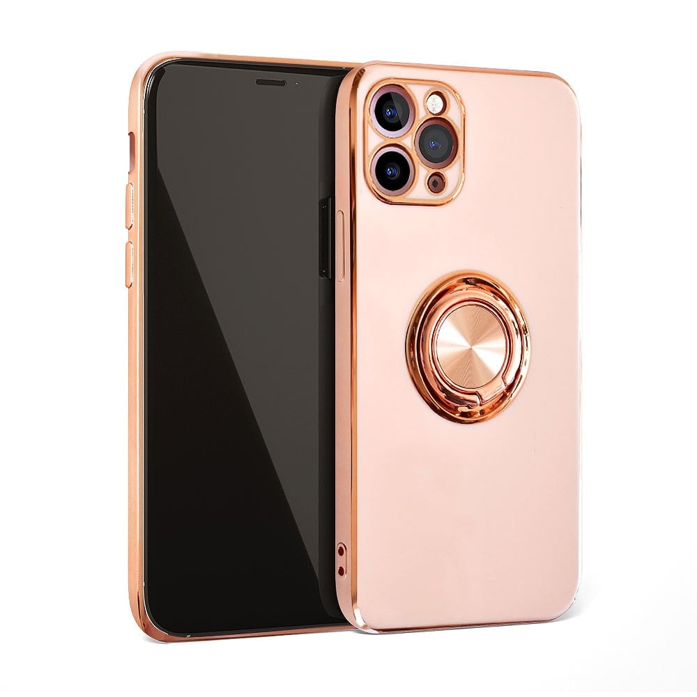 Etui do iPhone 11 Pro eleganckie, ze złotym, metalowym uchwytem i zdobieniami, osłona na aparat, złoty róż
