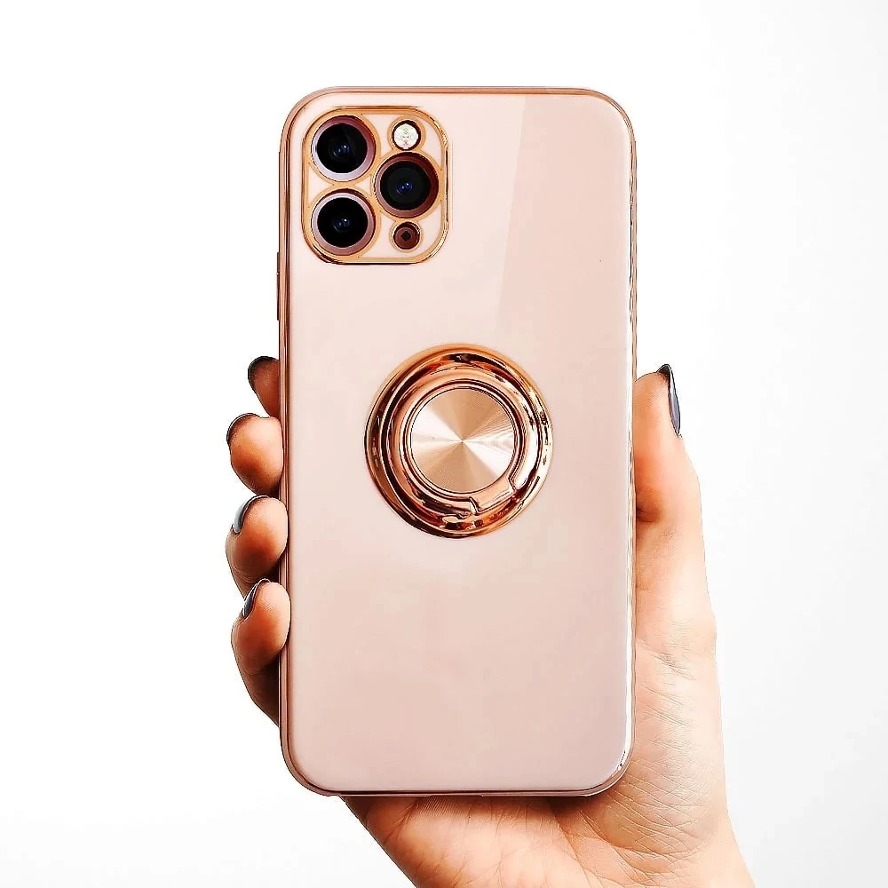 Etui do iPhone 12 Pro eleganckie, ze złotym, metalowym uchwytem i zdobieniami, osłona na aparat, pudrowy róż