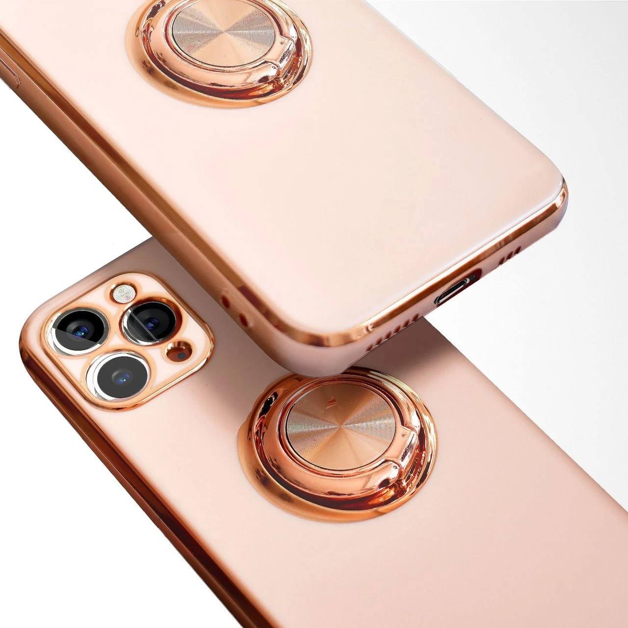 Etui do iPhone 12 Pro eleganckie, ze złotym, metalowym uchwytem i zdobieniami, osłona na aparat, pudrowy róż